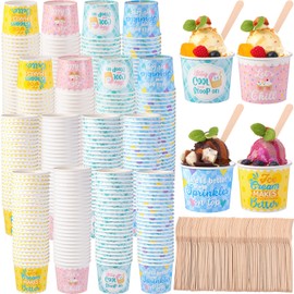 Ninehaoou 300 Sets 6 oz Ice Cream Paper Cups with Wooden Spoons Bulk Ice Cream Sundae Bar Supplies Disposable Dessert Bowls Containers for Spring Summer Graduation Bar Party Decorations Supplies