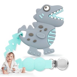 NPET Teething Toys for Babies 3-6 Months, Gray Dinosaur Baby Teethers with Anti-Drop Pacifier Clip 6 Months Baby Toy Sore Gums Reliever, Infant Baby Chew Toys 6-12 Months BPA Free Baby Girls Boys Gift
