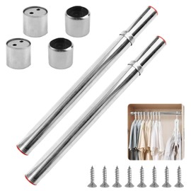 Pack of 2 Telescopic Stainless Steel Wardrobe Rails, 31-46 cm Wardrobe Round Tension Rod, up to 60 kg, Clothes Rail for Cupboard, Extendable, for Shower, Balcony, Bathroom, Hanging Rail, Silver