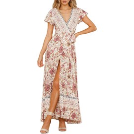ZESICA Women's 2025 Bohemian Floral Printed Wrap V Neck Short Sleeve Split Beach Party Maxi Dress,Ivory,Medium