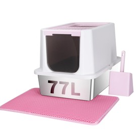 RIZZARI Stainless Steel Cat Litter Box, Semi-Enclosed Litter Box with Raised Edges, Anti-Leakage & Odorless, Large Litter Box for Small to Large Sized Cats (Pink, 23.8" L*15.9" W*16.1" H)