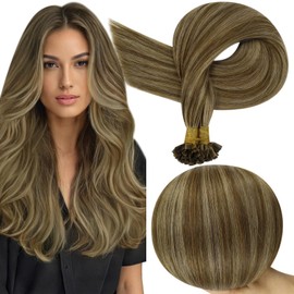 Full Shine Brown And Blonde Ktip Hair Extensions Human Hair Color 4P27 Highlighted Hair Extensions Human Hair 18 Inch Ktip Prebonded Human Hair Extensions 50 Gram Natural Remy Hair for Women