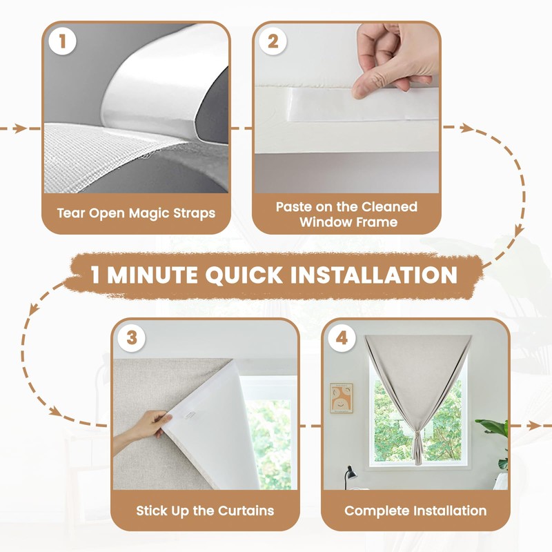 Jilron Adhesive Curtain,100% Blackout Curtains, No Drilling, Suitable for Multi-Scenes