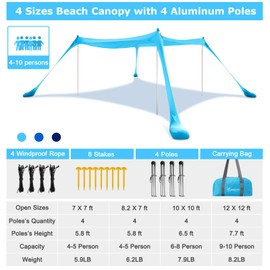 COMMOUDS Beach Tent Canopy with 4 Aluminum Poles, UPF58+ Pop Up Beach Sun Shade, Portable Beach Sun Shelter, Easy Set Up for Beach, Camping, Fishing, Backyard and Outdoor