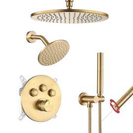 VANFOXLE Thermostatic Shower Faucet Set Brushed Gold Shower System,Push Button Diverter Shower Faucet with 2 in 1 Handheld, Ceiling Mount 12 Inch Shower Head Increased Thick with 6 Inch Shower Head