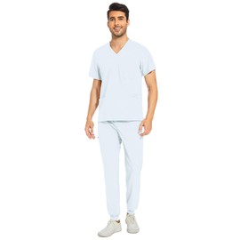 COZYFIT Men Scrubs Set — Stretch V-Neck Scrub Top & Jogger Pant with 8 Pockets, Yoga Waistband, Anti-Wrinkle - Saltwater Slide, L