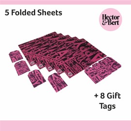 Pink Happy Birthday Wrapping Paper Sheets x 5, plus 8 Gift Tags - 100% Recyclable - Eco Friendly Gift Wrap - Adult Wrapping Paper (Pink Happy Birthday)