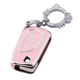 Pangpai Pink Key Fob Cover for Toyota, Soft TPU Key Case Protection with Bling Keychain Fit for Toyota Fortuner Tundra Camry RAV4 Highlander Corolla Smart Key Holder
