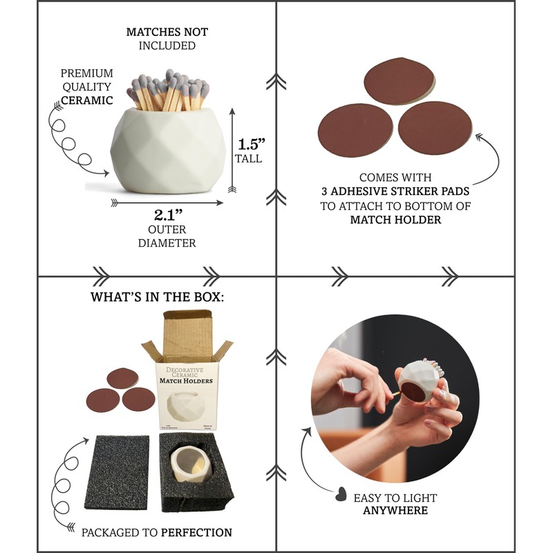 Decorative Ceramic Match Holder with Striker Pads - White Oval