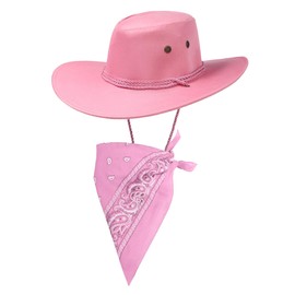 Pink Cowboy Hat and Baby Pink Bandana Western Sun Cap Faux Felt Leather Suede Fancy Dress Party Costume Outfit Neckscarf Sun Protection Mens Womens
