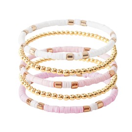 GOOJIDS Surfer Heishi Clay Bead Bracelets for Women Bohemian Stackable Gold Beaded Stretch Bracelets Elastic Layering Friendship Bracelets Set Boho Jewelry (C-New Light Pink Sets)