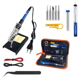 Soldering Iron Set, 60 W Soldering Iron, Adjustable Temperature 200-450 °C, Soldering Set for Electrical Work with 5 Interchangeable Soldering Tips, Desoldering Pump, Soldering Iron Stand, Tweezers