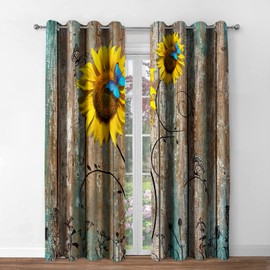 Jekeno Sunflower Blackout Curtains Rustic Floral Country Curtain Farmhouse Primitive Rural Wood Texture Theme Decor for Bedroom Living Room Grommet Window Drapes, 42 Wide 84 Long inches, 2 Panels