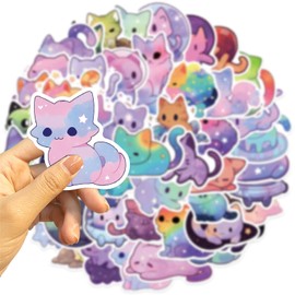 50 Pcs Cartoon Rainbow Starry Sky Cat Stickers, Cute Aesthetic Cat Waterproof Stickers, Vinyl Stickers for Water Bottle, Laptop, Phone, Skateboard Stickers for Teens Girls Kids and Women (Purple)