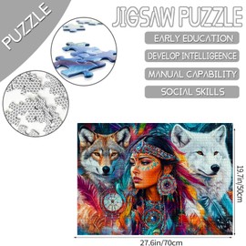 1000 Piece Jigsaw Puzzles for Adults African American Woman and Wolf Jigsaw Puzzle Colorful Dreamcatcher Headdress 1000 Pieces Puzzles for Challenging Family Activity Game Wall Decor DIY Puzzle