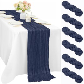 6 Pcs 10FT Navy Blue Cheesecloth Table Runner Gauze Fabric 35 x 120 Inches Long Boho Cheese Cloth Table Runner Rustic Semi Sheer Runner for Wedding Birthday Bridal Shower Party (Navy Blue)
