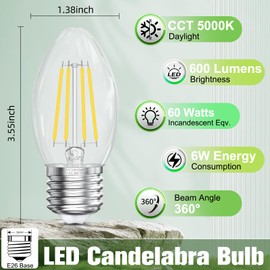 GvvooHome E26 Base Candelabra LED Light Bulbs 5000K Daylight, 6W Equivalent to 60 watt, E26 LED Bulb Non-Dimmable, B10 Chandelier Candle Light Bulbs, 90+CRI, 600LM, Cear Glass, 6 Pack