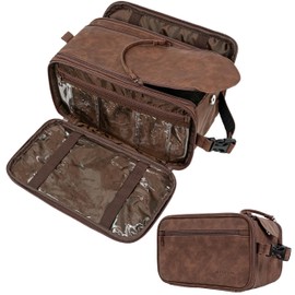 PAVILIA Large Toiletry Bag for Men Women, Mens Travel Bag Toiletries Organizer Case for Grooming, Travel Essentials Shaving Dopp Kit, PU Leather Water Resistant Cosmetic Pouch, Dark Brown