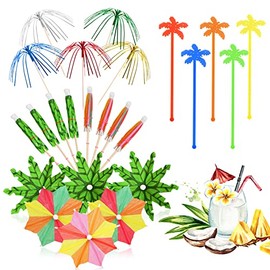 100 Pcs Cocktail Accessories Cocktail Umbrellas for Drinks, Cocktail Party Decorations with Mini Paper Umbrella, Sparkle Fireworks Sticks, Coconut Palm Tree Umbrella and Stirrers for Party, Home Bar