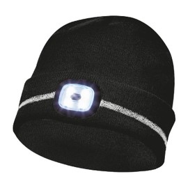 Gebol LED Hood Black | Headlamp on Knitted Hat | Beanie with Reflective Strips | USB Port for Charging | 60 Minutes Light Time | 4 Light Levels | Unisex | Black | Pack of 1