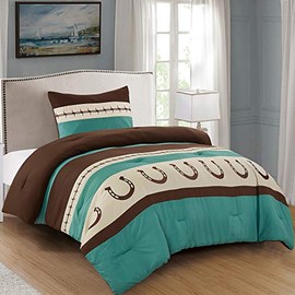 2 Piece Rustic Comforter Set. Brown/Beige/Teal Horseshoe, Horse, Barb Wired Embroidered Western Cowboy Twin Size Bedding Set- JENA (Twin)