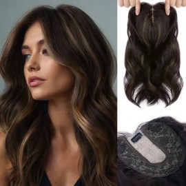 Large Base Toppers Hair Pieces for Women Full Volume Middle Part Clip in Bangs Synthetic Wavy Hair Topper for Daily Wearcolor: R2 4 86, stretched length: 14inches, toupee size: 6x6