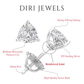 3CT Moissanite Stud Earrings, D Color VVS1 Clarity Trillion Cut Lab Grown Diamond Moissanite 14K White Gold Plated Sterling Silver Moissanite Earrings For Women