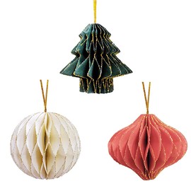 NICROLANDEE Hanging Christmas Honeycomb Mini Ornament - 3PCS 3D Glitter Edge Paper Honeycomb Tree, Ball, Lantern for New Year's Eve Winter Wonderland Party Ornament Tree Décor Christmas Decor