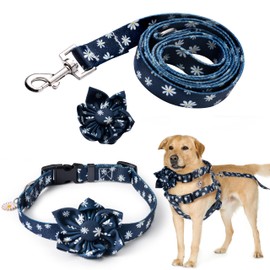 GoaePode Dog Harness Collar Lead Set with Bell, Adjustable Padded Vest, Floral Pattern Bow Tie & Leash, Strong Buckle for Small Medium Large Dogs, Blue, Size M