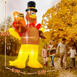 12FT Inflatable Turkey, LED Lighted Turkey Holding Happy Thanksgiving Sign for Fall Autumn Outdoor Yard Lawn Harvest Decor