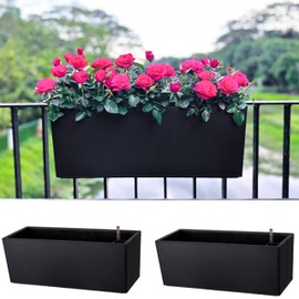 LaLaGreen Rail Planter for Balcony Outdoor (2 Pack, 20 Inch) Large Black Self Watering Railing Planters with Brackets, Rectangular Plastic Deck Fence Window Box Designer Choice with Rattan Pattern