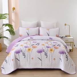 Dinjoy Floral Quilt Set Twin Size, Purple Bedspreads 2 Pieces Cute Bedding Set Lightweight Farmhouse Quilts Soft Flower White Coverlet Bed Sets for Summer Women 68"x86"