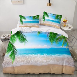 Damier Bed Linen 155 x 220 cm 3-Piece Beach Sea 3D Bed Linen Blue Green Beach Sea Duvet Cover Set Soft Microfibre Bed Linen for Room Decoration Hawaii Beach with Zip and 2 Pillowcases 80 x 80 cm