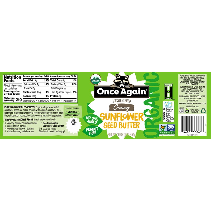 Once Again Organic Creamy Sunflower Butter, 16oz - Salt Free,