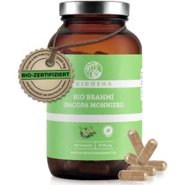 QIDOSHA® Brahmi Capsules Organic I Comparison Winner * I 180 Pieces I 1000 mg Brahmi per Daily Serving I Organic Brahmi Powder High Dose I Bacopa Monnieri 500 mg Brahmi per Capsule I Small Fat Leaf I Vegan