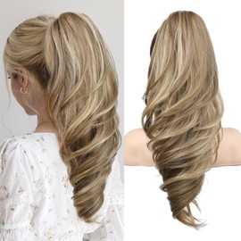 SEIKEA Ponytail Extension, 18" Wavy Claw Clip in Hair Extensions for Women, Lightweight Fluffy Synthetic Ponytail Hairpiece, Natural Soft & Easy to Wear, for Short & Medium Hair Buttered Walnut