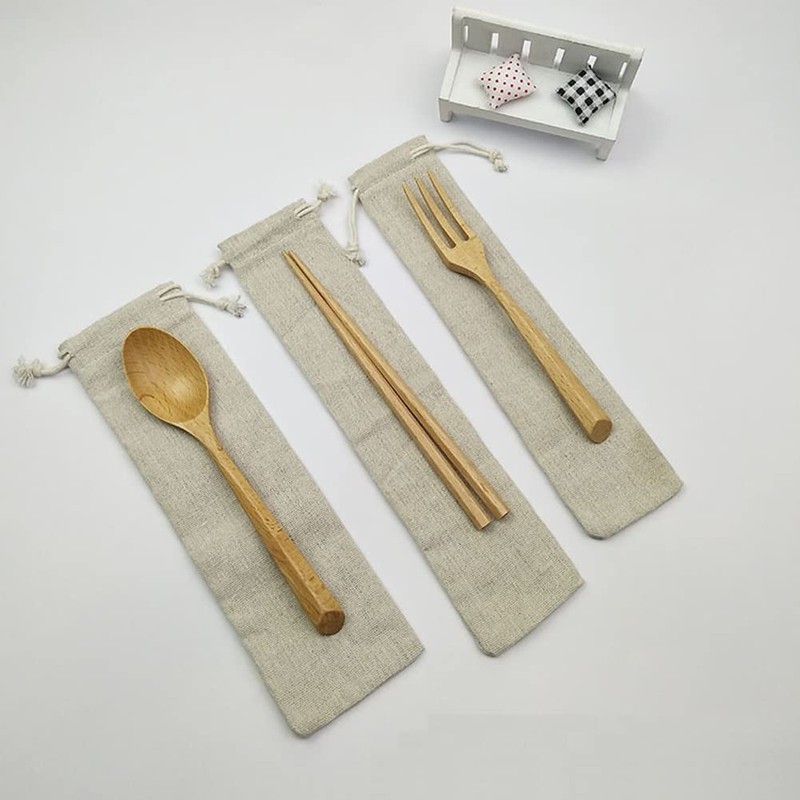 6Pcs Cotton Linen Drawstring Bag Cutlery Fork Spoon Chopsticks Straw