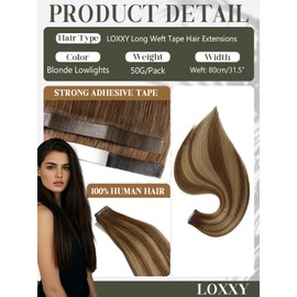 Loxxy DIY Long Human Hair Tape in Extensions - Wide Blonde Tape in Hair Extensions Human Hair One Piece 50g - Balayage Chocolate Brown to Caramel Blonde, PU Wide Weft 31.5" (80cm), 20 Inch