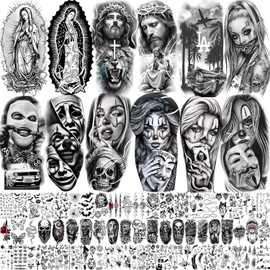 SHELYEXIEN 73 Láminas De Tatuajes Temporales Chicanos De Halloween Para Mujeres, Hombres Y Adultos: Cholo, Chola, Nuestra Señora De Guadalupe, Religión, Chicana, Pandillero, Prisionero, Cultura Mexica