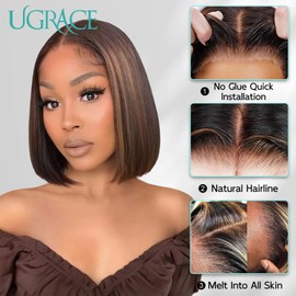 Bob Wig Human Hair Pre Bleached Knots Glueless Wear And Go Wigs for Black Women 6X5 HD Lace Front Wigs Pre Cut Lace Pre Plucked Hair Wig(1B/2/30 Highlight, 12 inch)
