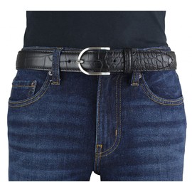 BELTINGER Women's Belt with Crocodile Embossed 3.5 cm Leather Belt for Women 35 mm Crocodile Look Crocodile Pattern with Round Belt Buckle, Denim blue, silver.