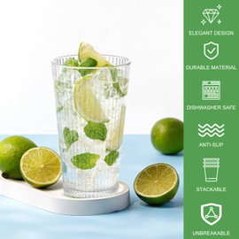 600ml Plastic Water Tumblers,Large Capacity Water Cups Acrylic Drinking Glasses Tumblers,20 Oz Unbreakable Picnic Drinkware,Stackable Glassware Cocktail Glasses for Home Beach Party 4 Pcs