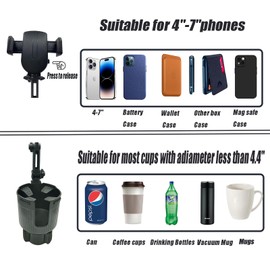 Cup Holder Phone Holder, 2 in 1 Expandable Cup Phone Holder for Car, Upgraded Cell Phone Holder Extender for Bottles Cups Drinks Snack, Compatible with Most Cars