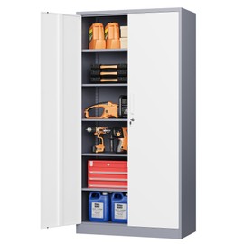 STANI Metal Garage Storage Cabinet with Lock, 71" Steel Lockable File Cabinet, Locking Steel Storage Cabinet with 4 Adjustable Shelves for Home, Office, Warehouse, Garage, School (White+Grey)