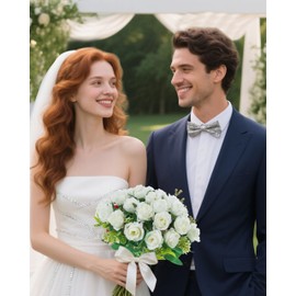 DuHouse 6 Pack Artificial Rose Bouquet Silk Roses Flowers Bunches Bulk for Wedding Home Parties Bridal Decor(White)