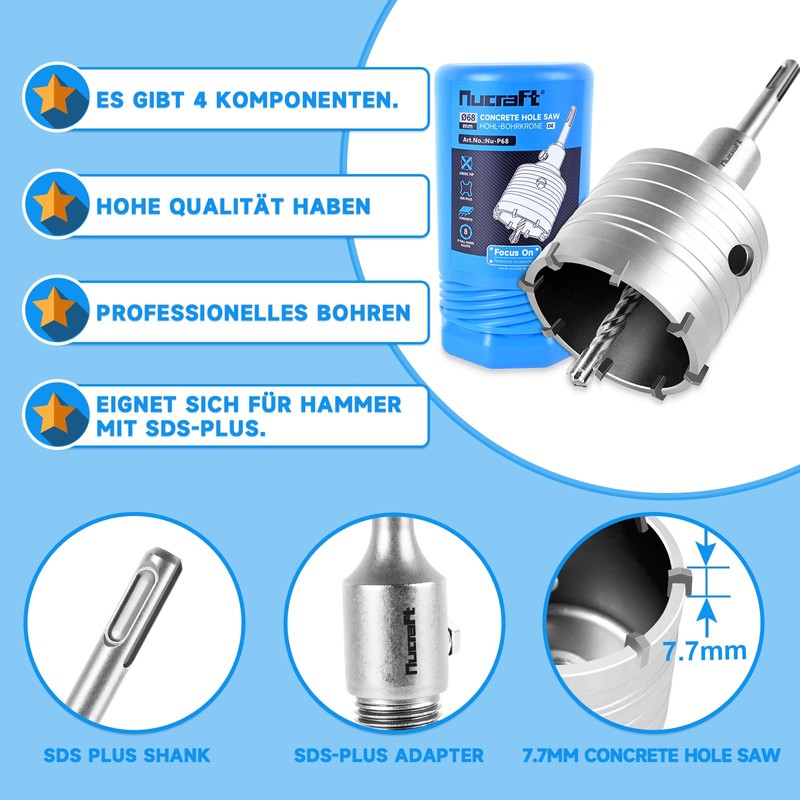 Nucraft SDS Plus Hollow Drill Bit 68 mm 4 Cutting
