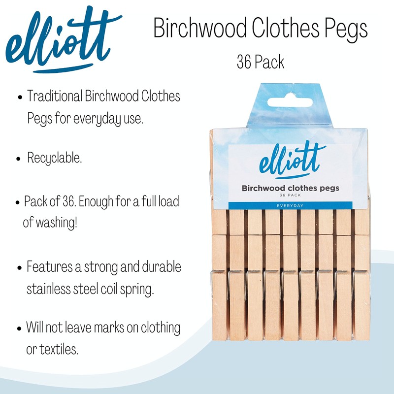 Elliott Hardwood Clothes Pegs with Metal Coil Spring for Firm