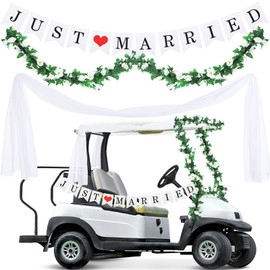 Janinka 5 Pcs Wedding Golf Cart Decorations 1 Just Married Sign Banner 2 Rose Garland 2 Gauze Draping Fabric for Golf Cart Car Decorations Accessories Wedding Party Anniversary Honeymoon Favor Gifts