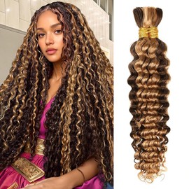 4/27 Honey Blonde Human Braiding Hair Deep Wave Bulk 22Inch 100g Highlight No Weft Curly Hair Extensions for Boho Braids Wet and Wavy Braiding Human Hair 2 Bundles