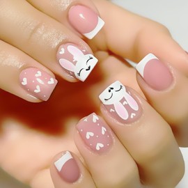 24Pcs Easter Bunny Press on Nails for Women Cute Bunny Fake Nails Nude Pink Nails with White French Tips Style Love Shaped Nail Art Semi-transparent Artificial Nail Kits for Easter Holiday Hunt Party